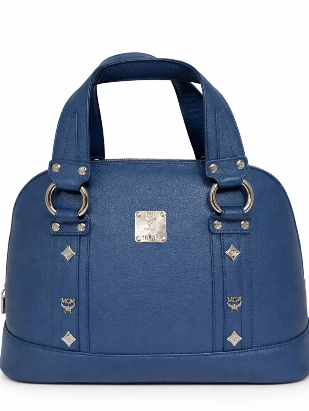 MCM Blue Leather Satchel Bag Gold Hardware Structured Top Handle Purse Dome Bag